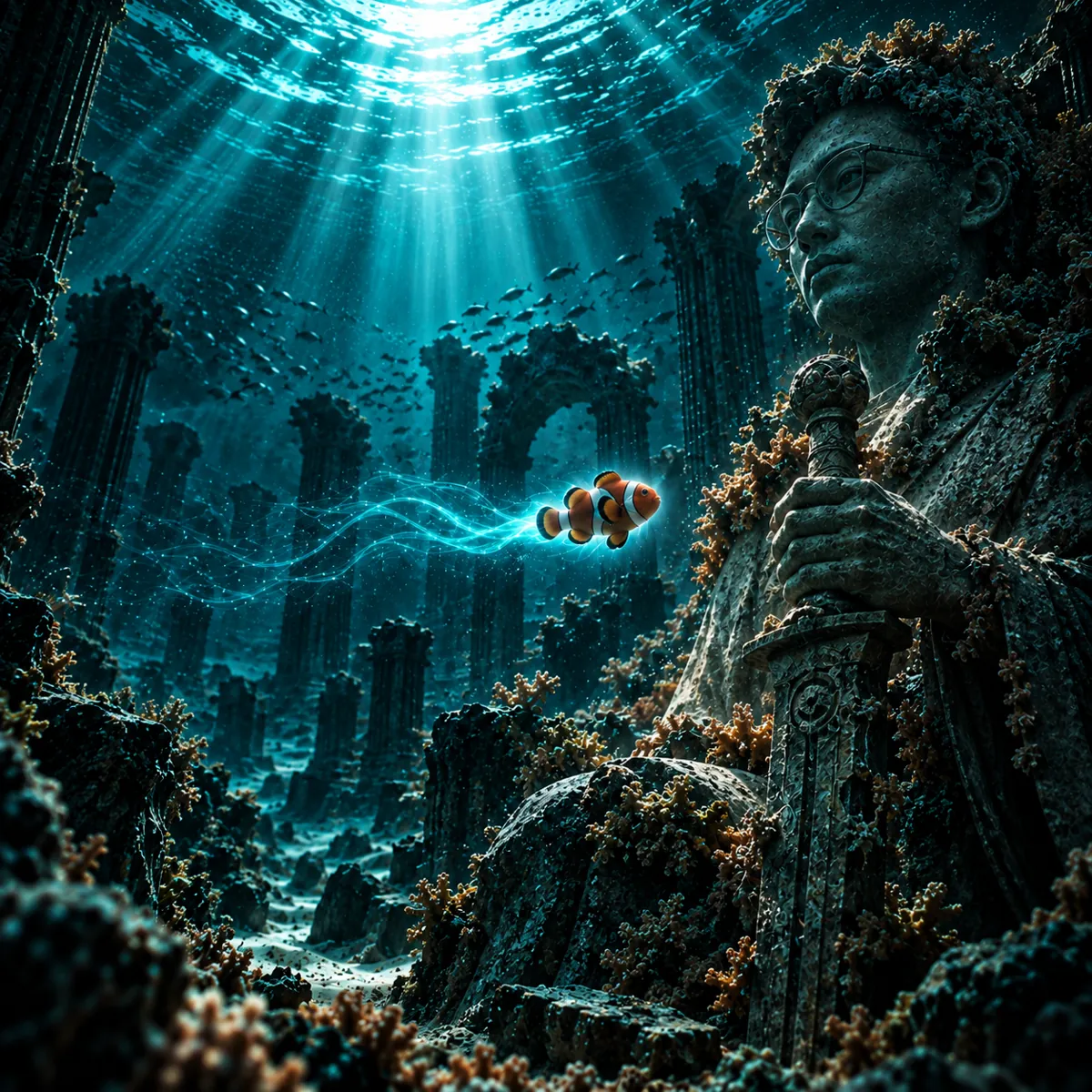 Ancient underwater statue of Jeff Yan holding a sword beside Niggo