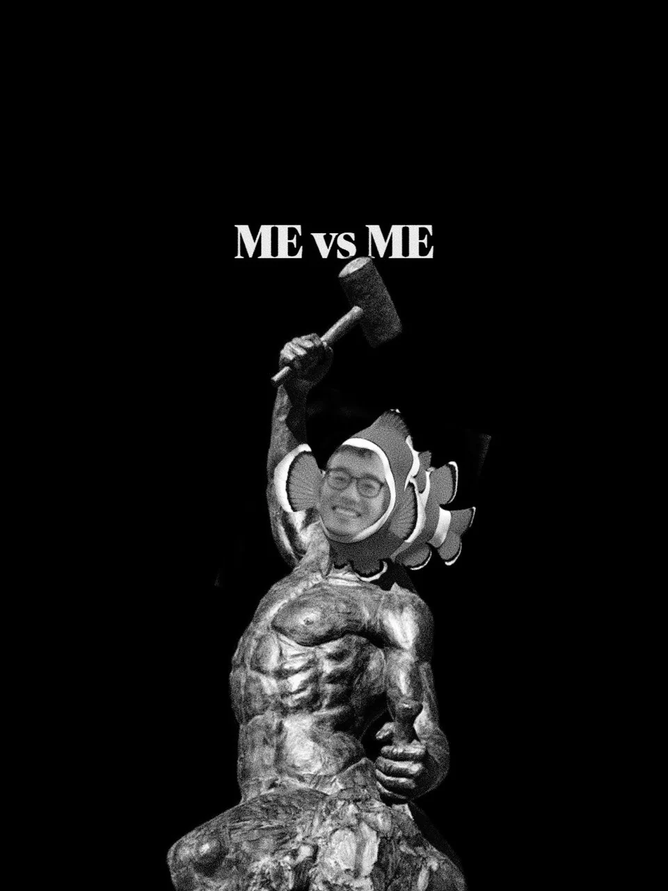 ME vs ME: a muscular stone figure with a face framed by a clownfish, raising a hammer