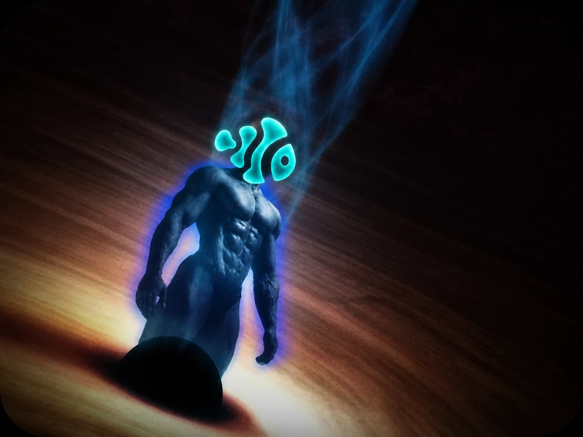 Muscular figure with a glowing aquamarine Niggo glyph head and blue aura