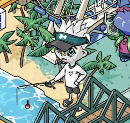 An original community illustration of a young fisherman waiting by the water
