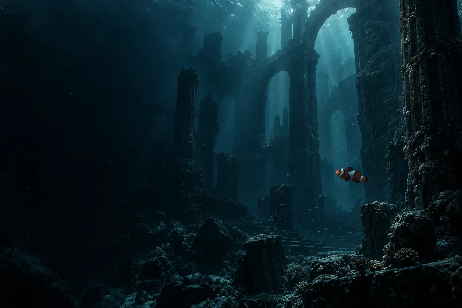 A small clownfish in a vast ocean of ancient submerged ruins